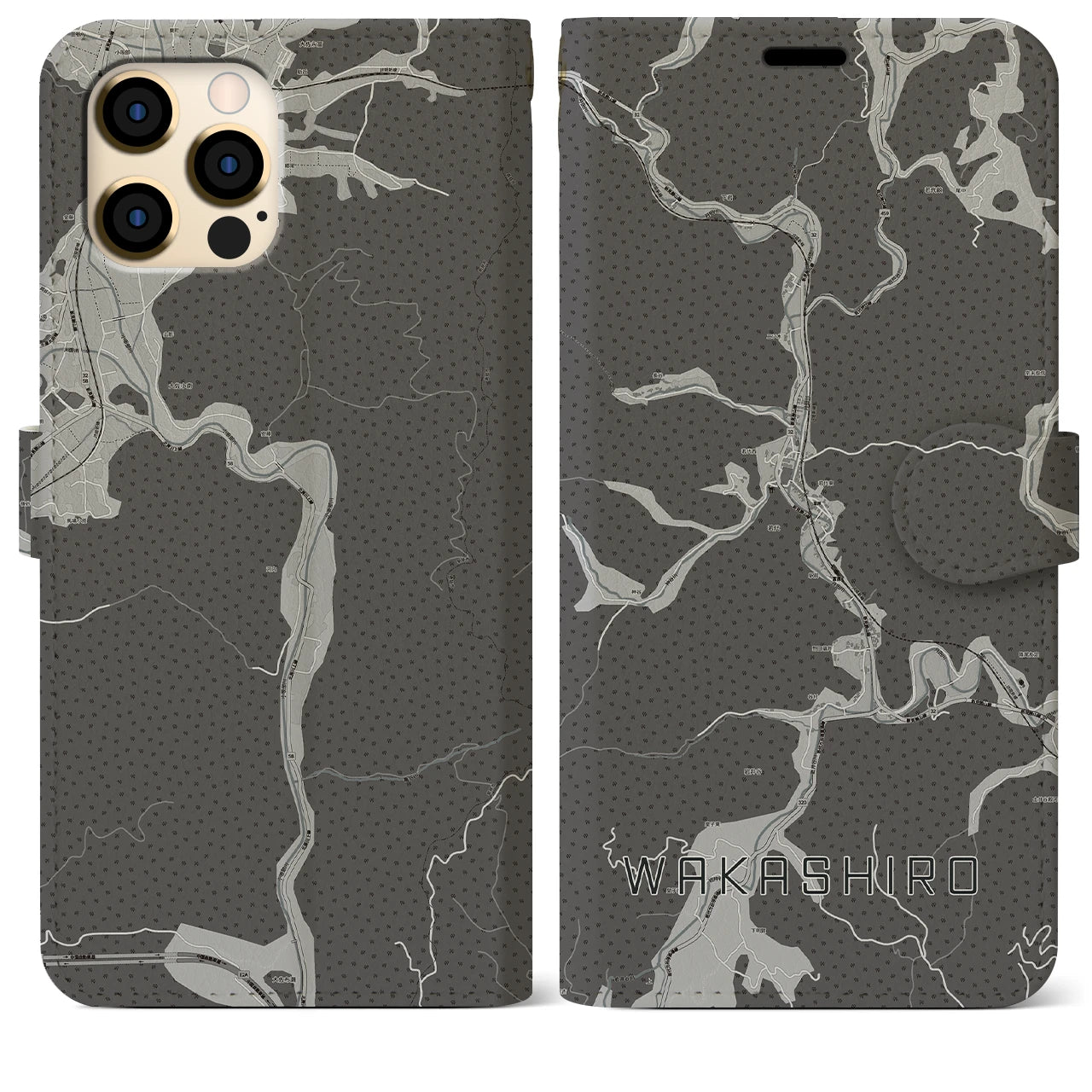 【若代(岡山県)】地図柄iPhoneケース(手帳タイプ)モノトーン・iPhone 12 Pro Max 用