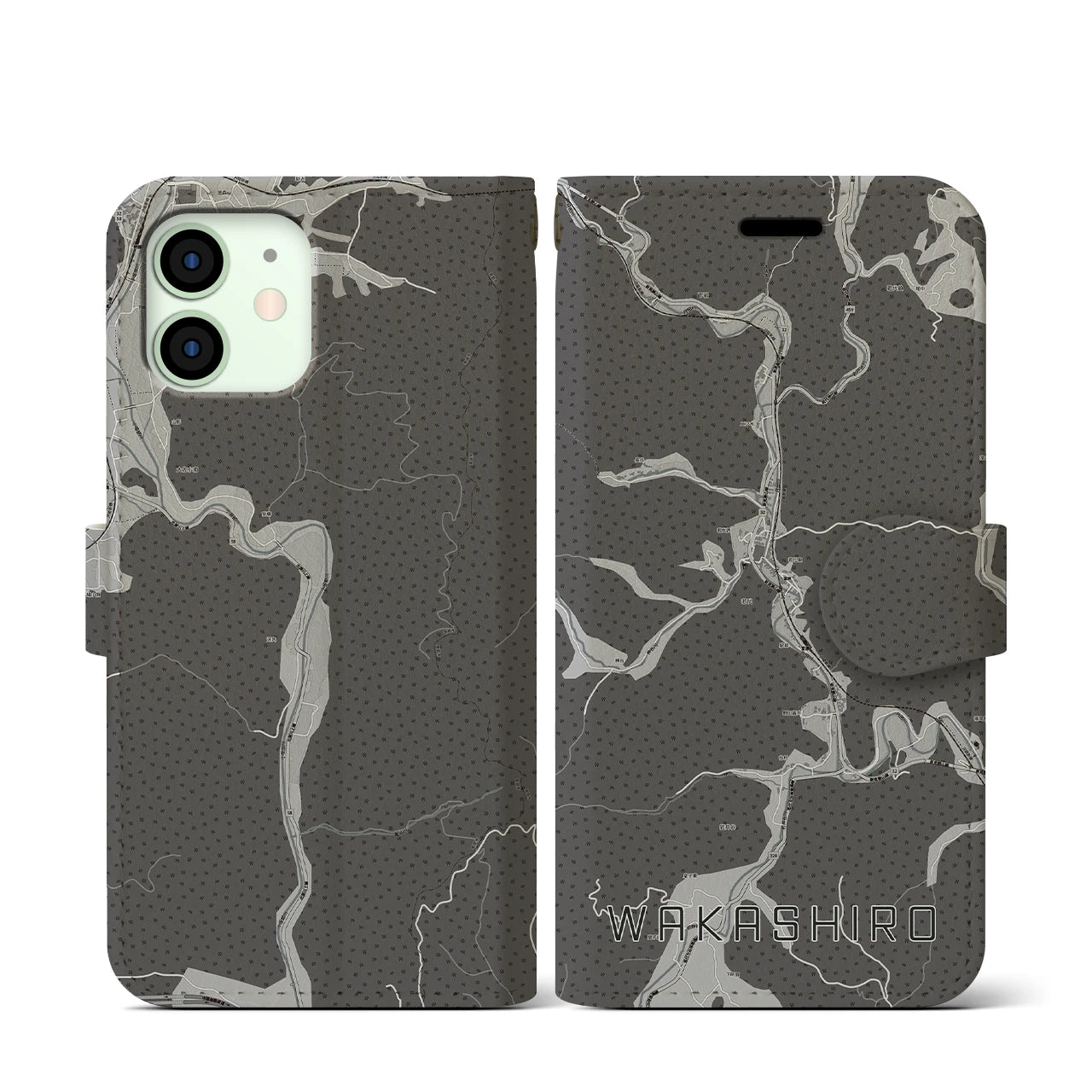 【若代(岡山県)】地図柄iPhoneケース(手帳タイプ)モノトーン・iPhone 12 mini 用