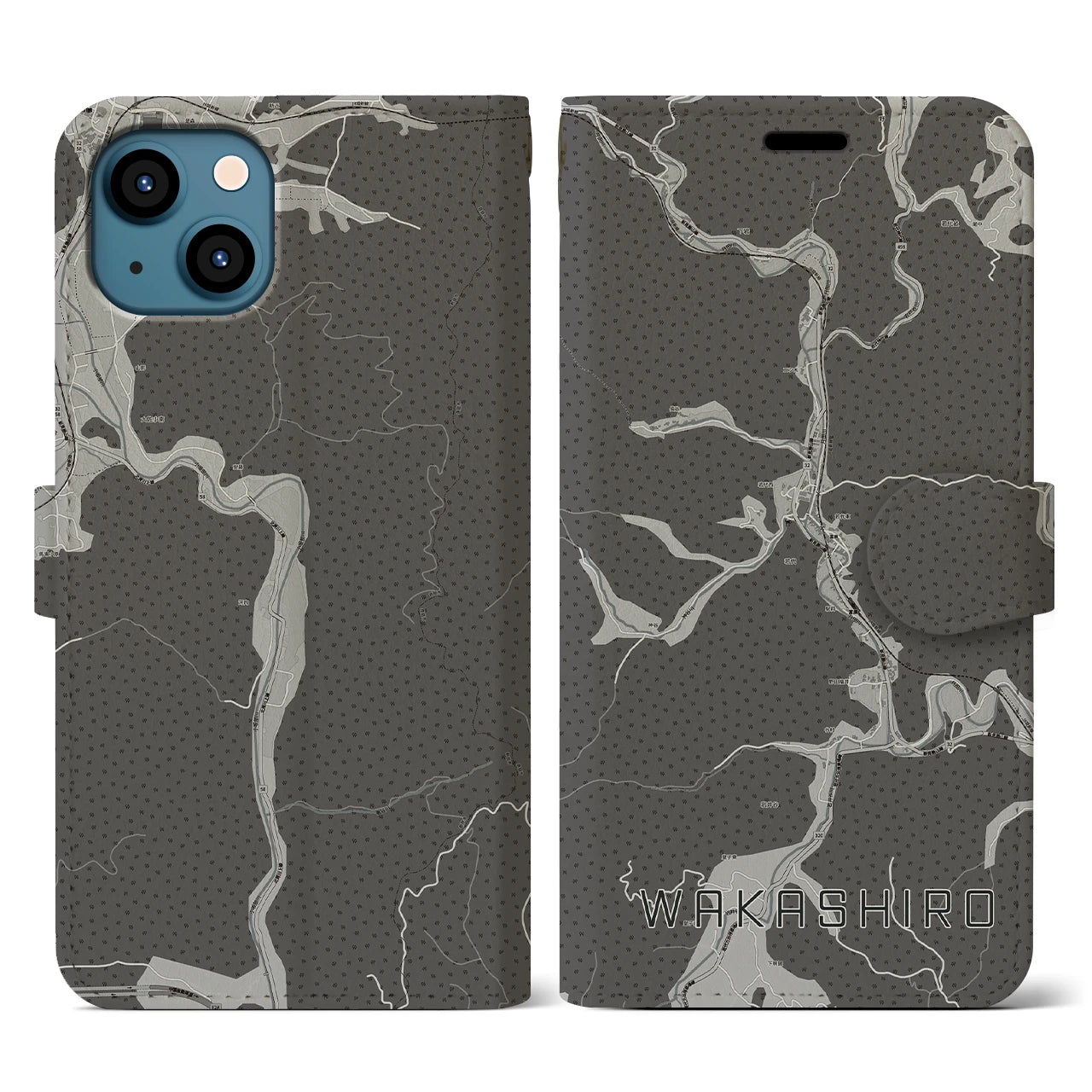 【若代(岡山県)】地図柄iPhoneケース(手帳タイプ)モノトーン・iPhone 13 用