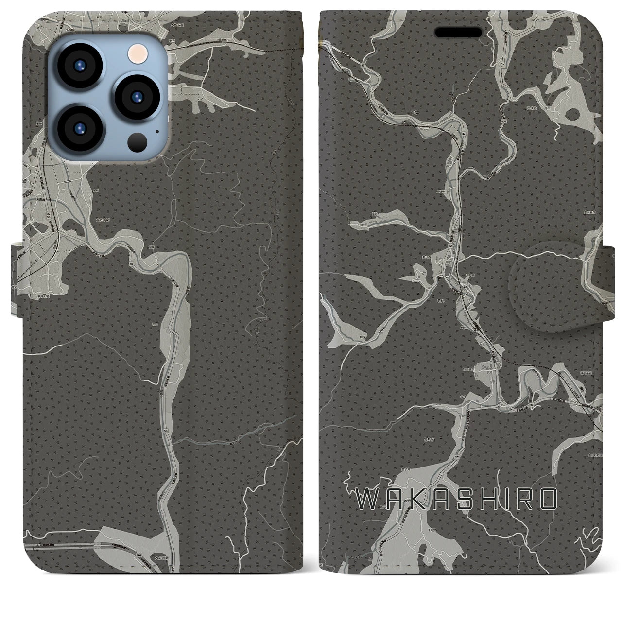 【若代(岡山県)】地図柄iPhoneケース(手帳タイプ)モノトーン・iPhone 13 Pro Max 用