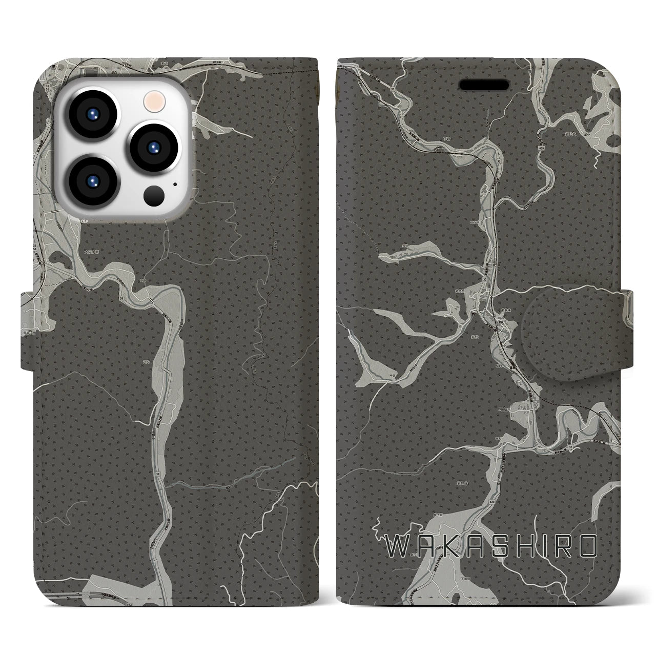 【若代(岡山県)】地図柄iPhoneケース(手帳タイプ)モノトーン・iPhone 13 Pro 用