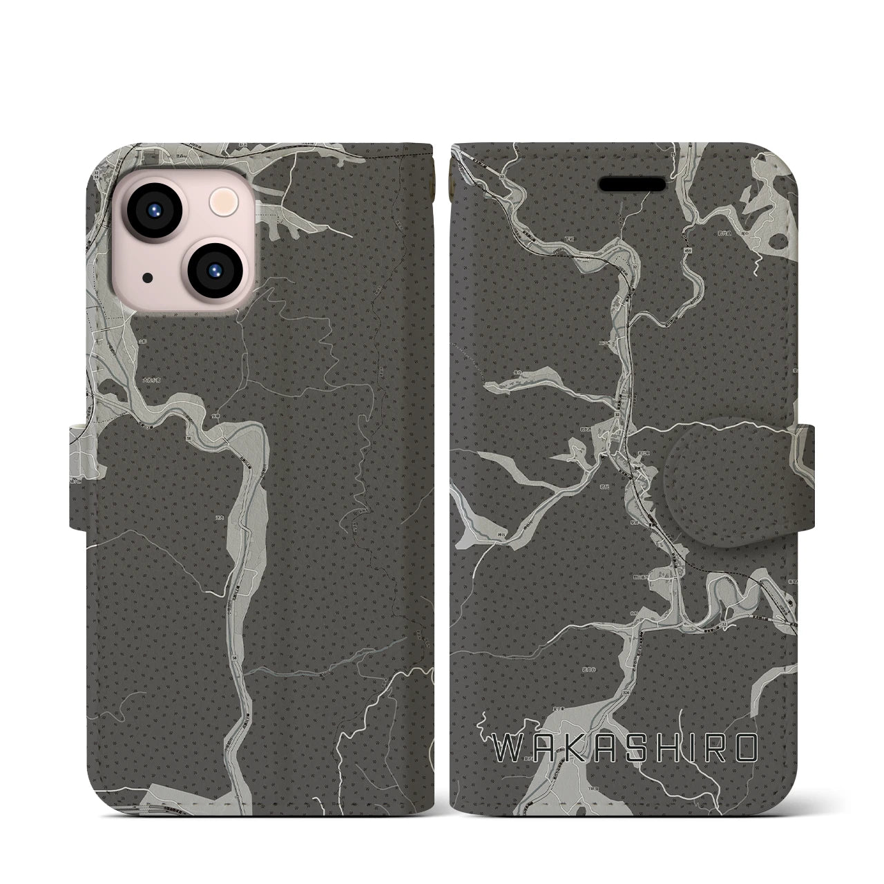 【若代(岡山県)】地図柄iPhoneケース(手帳タイプ)モノトーン・iPhone 13 mini 用