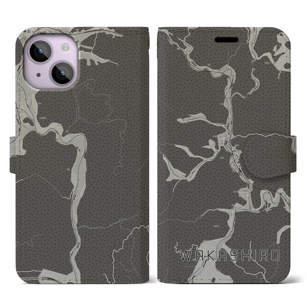 【若代(岡山県)】地図柄iPhoneケース(手帳タイプ)モノトーン・iPhone 14 用