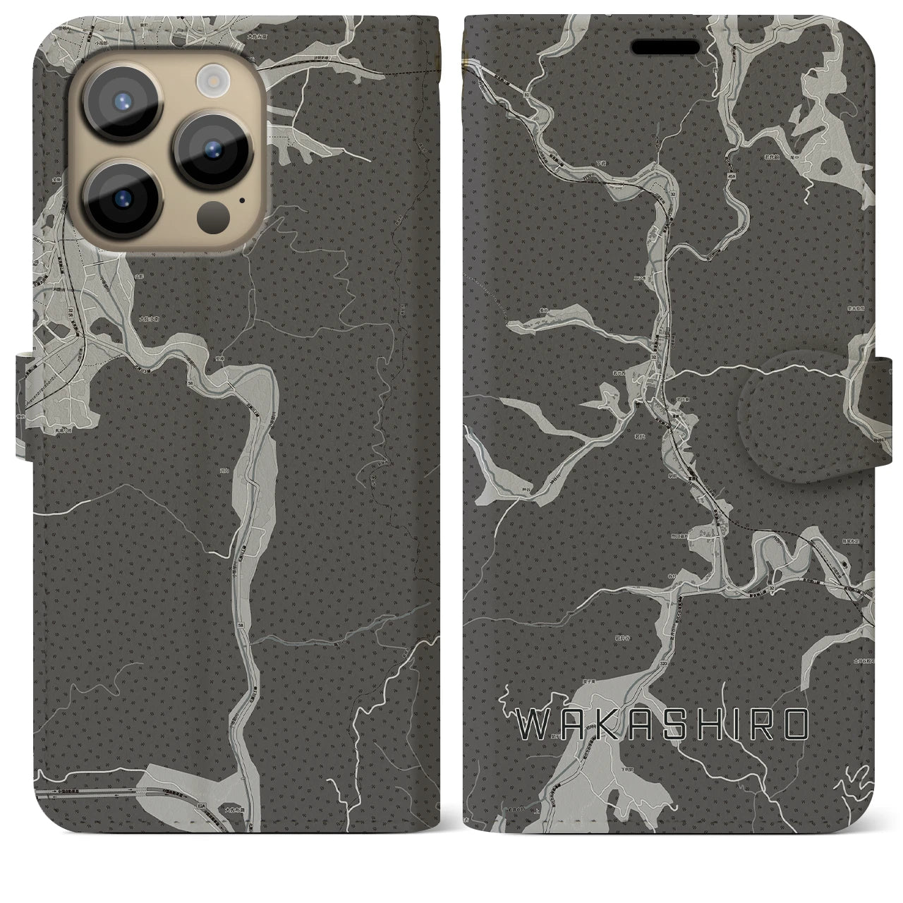 【若代(岡山県)】地図柄iPhoneケース(手帳タイプ)モノトーン・iPhone 14 Pro Max 用