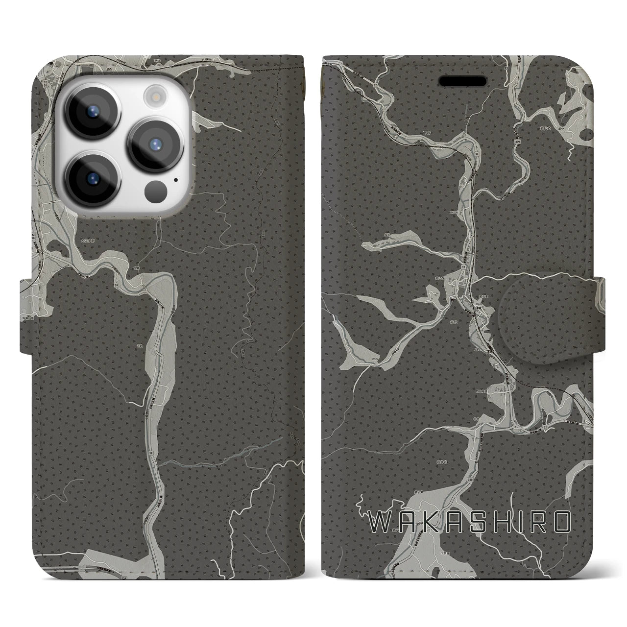 【若代(岡山県)】地図柄iPhoneケース(手帳タイプ)モノトーン・iPhone 14 Pro 用