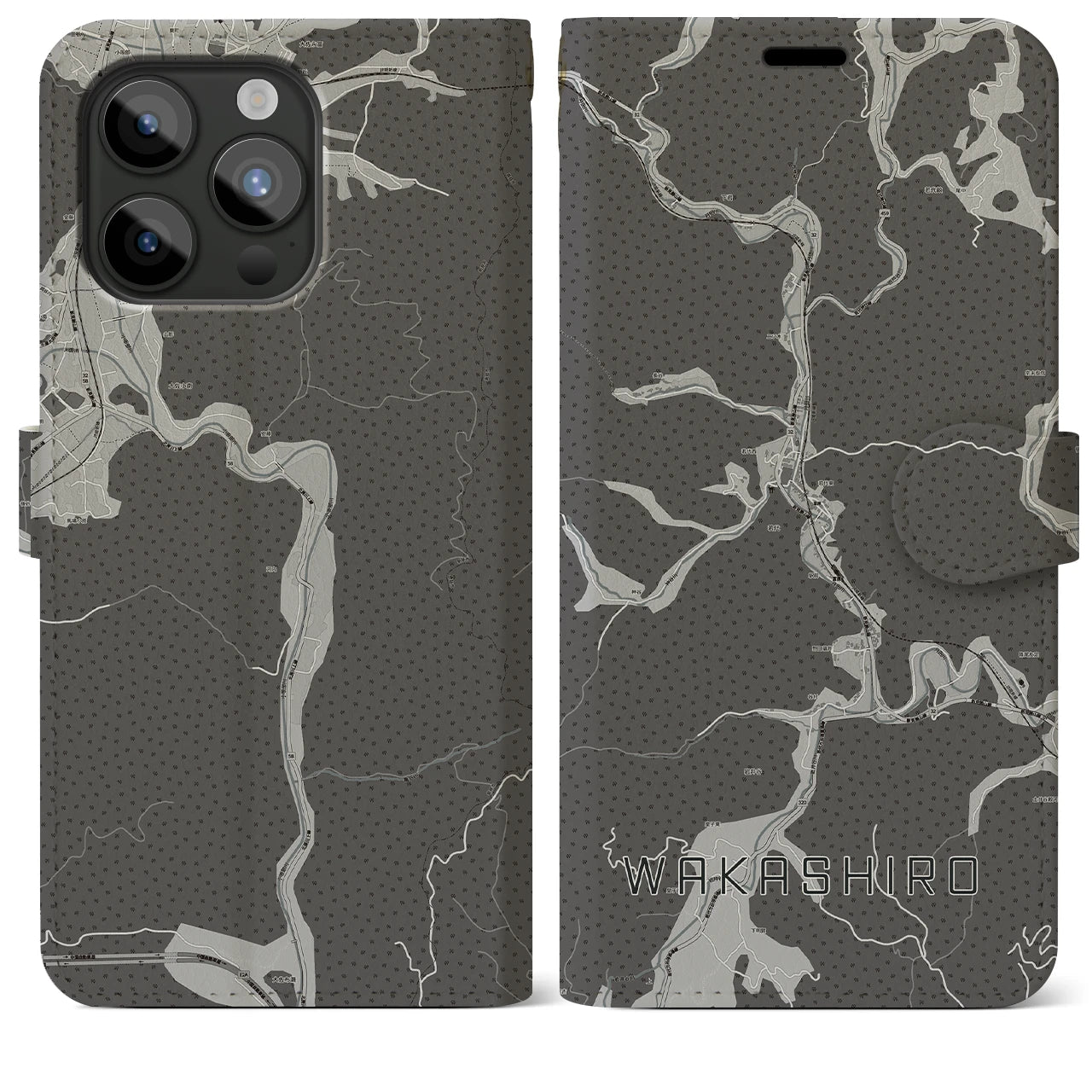 【若代(岡山県)】地図柄iPhoneケース(手帳タイプ)モノトーン・iPhone 15 Pro Max 用