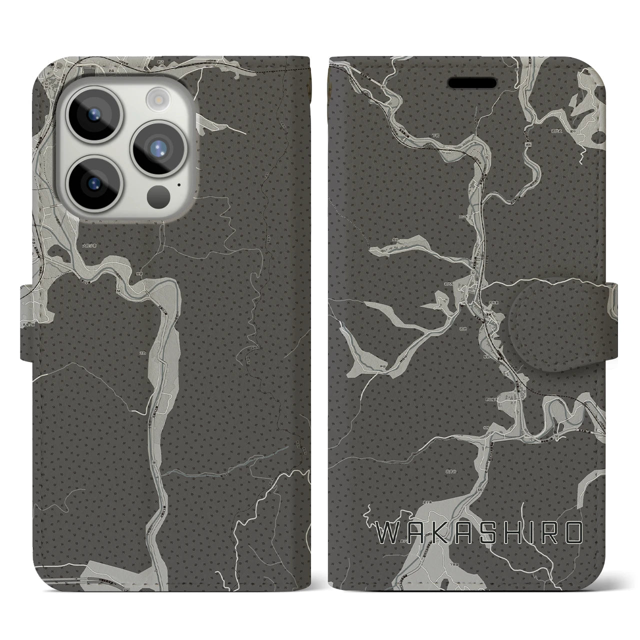 【若代(岡山県)】地図柄iPhoneケース(手帳タイプ)モノトーン・iPhone 15 Pro 用