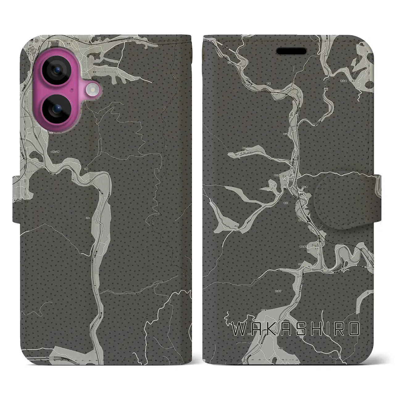 【若代(岡山県)】地図柄iPhoneケース(手帳タイプ)モノトーン・iPhone 16 Pro 用