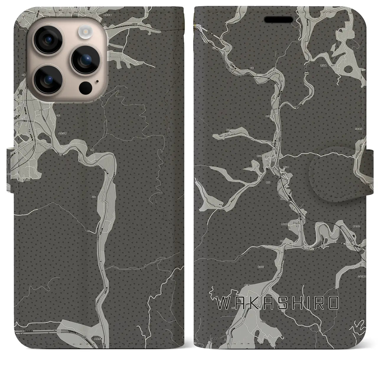 【若代(岡山県)】地図柄iPhoneケース(手帳タイプ)モノトーン・iPhone 16 Plus 用