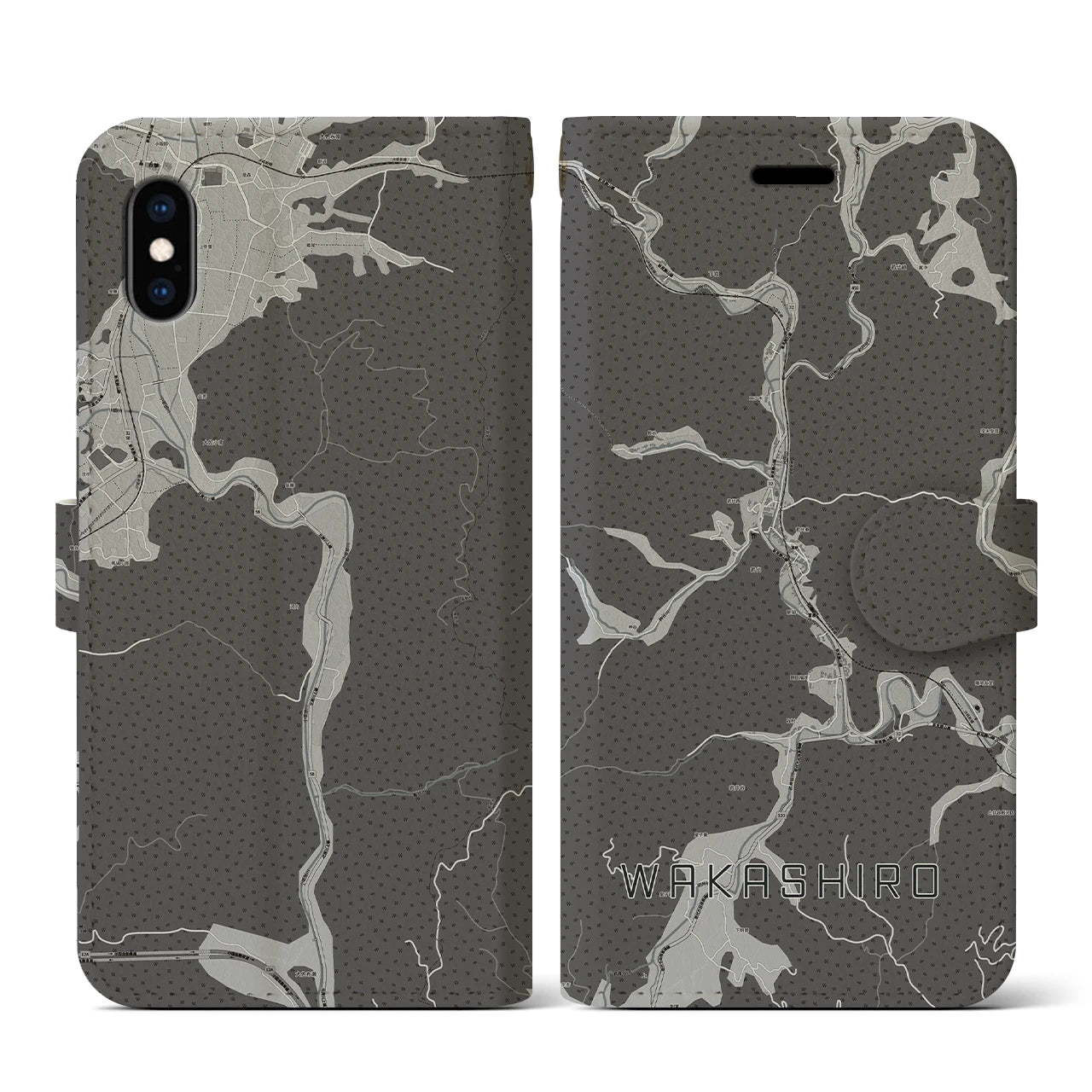 【若代(岡山県)】地図柄iPhoneケース(手帳タイプ)モノトーン・iPhone XS / X 用
