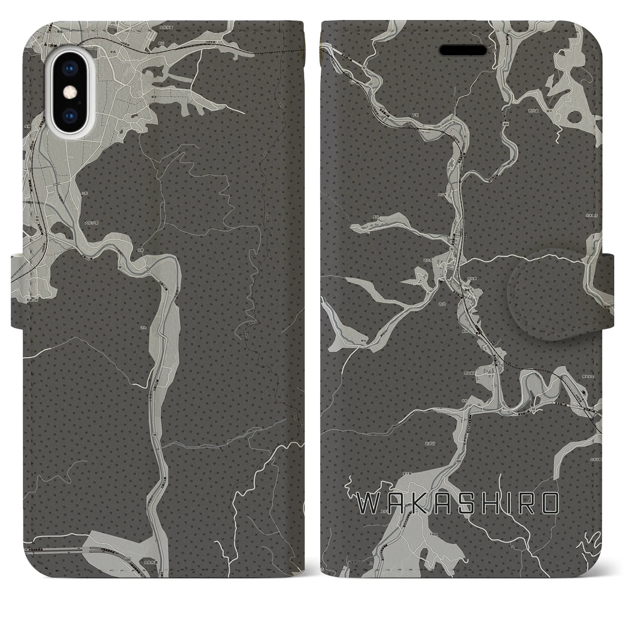 【若代(岡山県)】地図柄iPhoneケース(手帳タイプ)モノトーン・iPhone XS Max 用