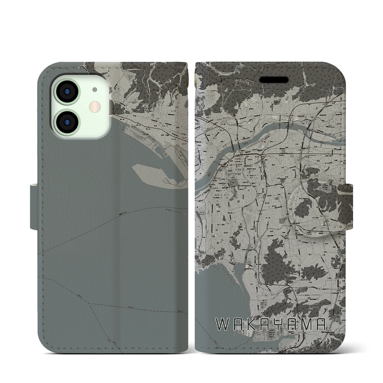 【和歌山(和歌山県)】地図柄iPhoneケース(手帳タイプ)モノトーン・iPhone 12 mini 用