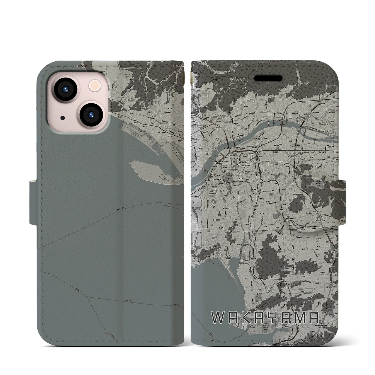 【和歌山(和歌山県)】地図柄iPhoneケース(手帳タイプ)モノトーン・iPhone 13 mini 用