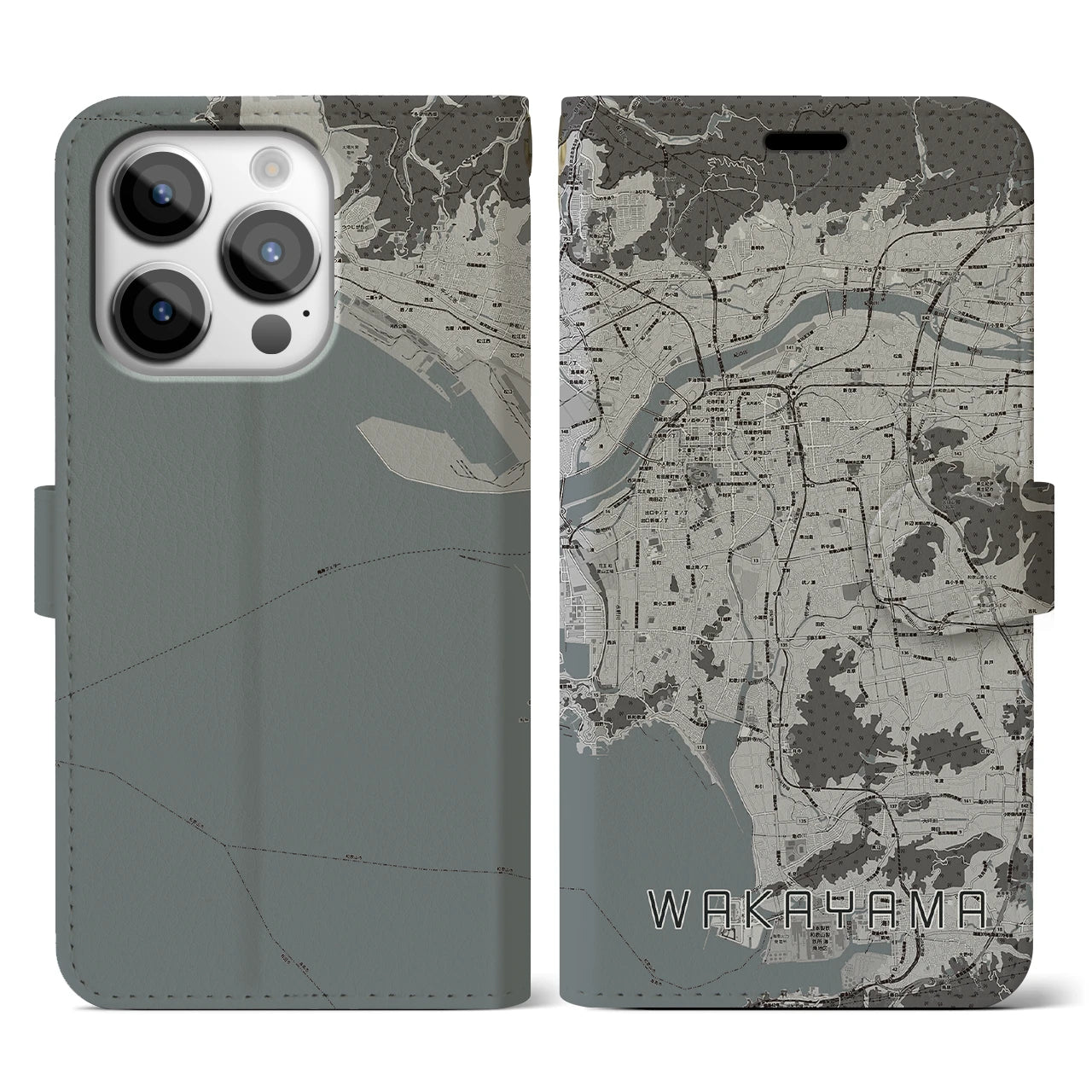 【和歌山(和歌山県)】地図柄iPhoneケース(手帳タイプ)モノトーン・iPhone 14 Pro 用