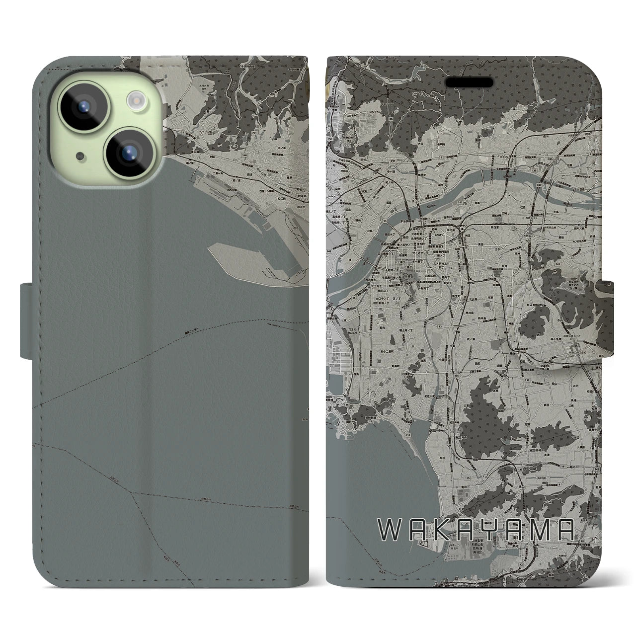 【和歌山(和歌山県)】地図柄iPhoneケース(手帳タイプ)モノトーン・iPhone 15 用