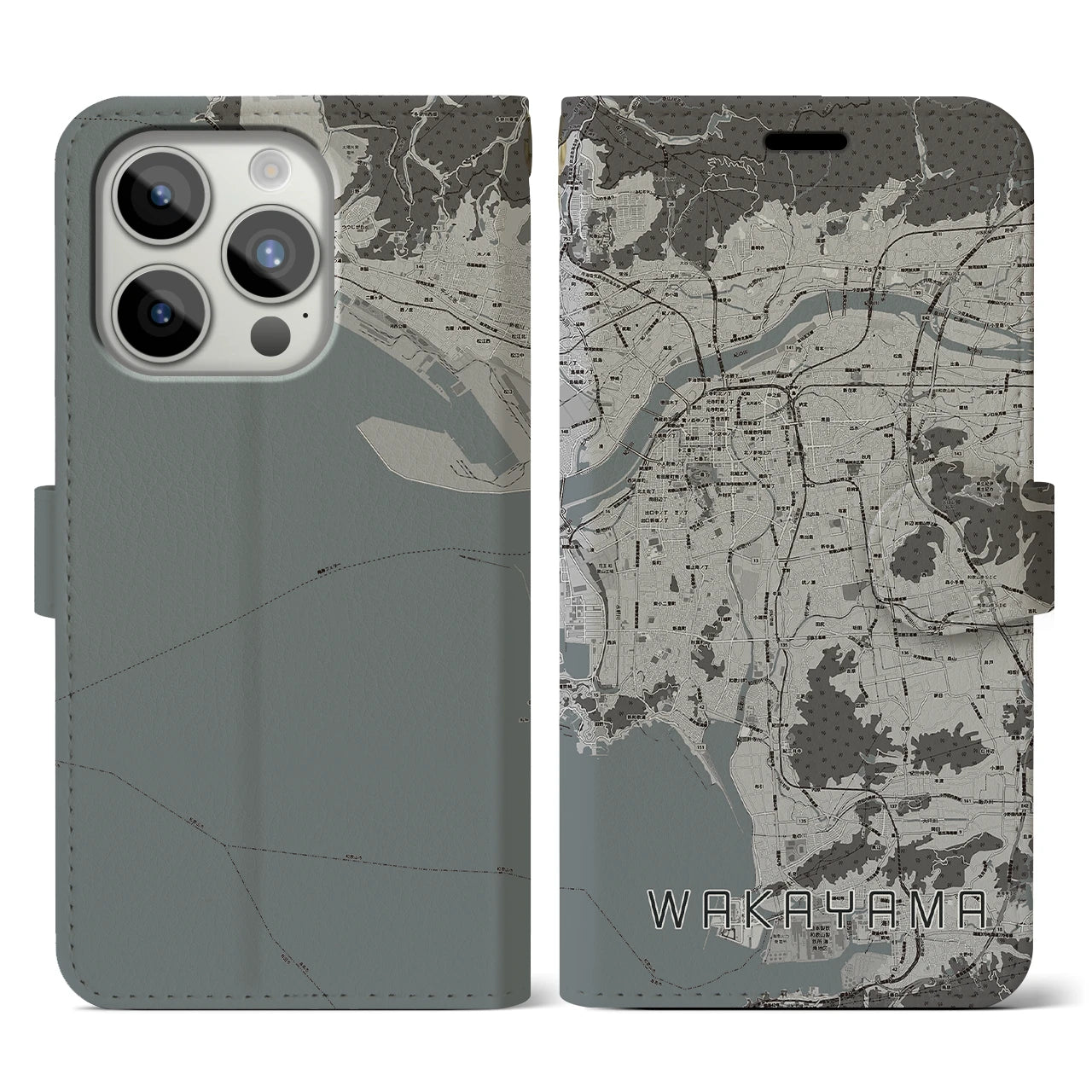 【和歌山(和歌山県)】地図柄iPhoneケース(手帳タイプ)モノトーン・iPhone 15 Pro 用