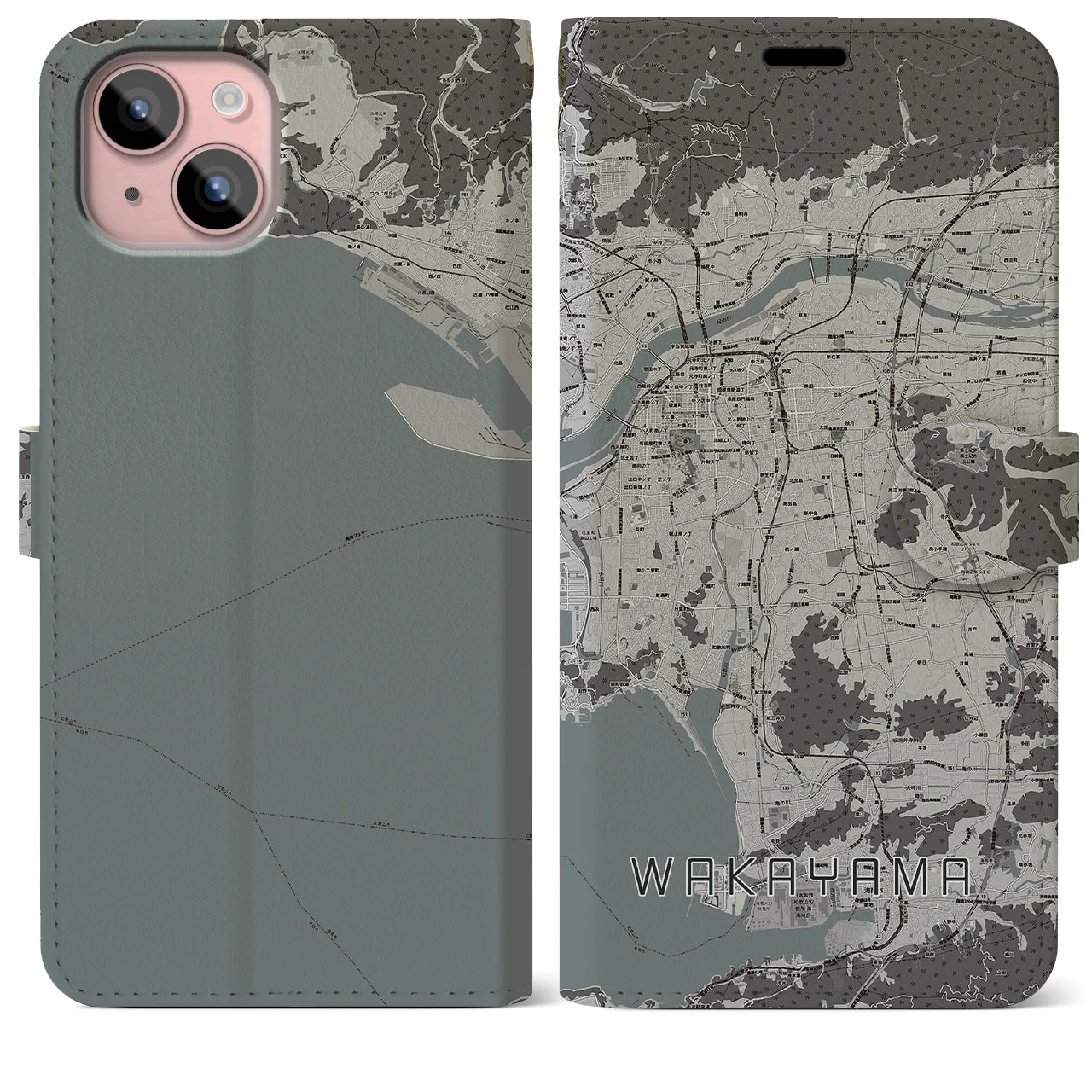 【和歌山(和歌山県)】地図柄iPhoneケース(手帳タイプ)モノトーン・iPhone 15 Plus 用