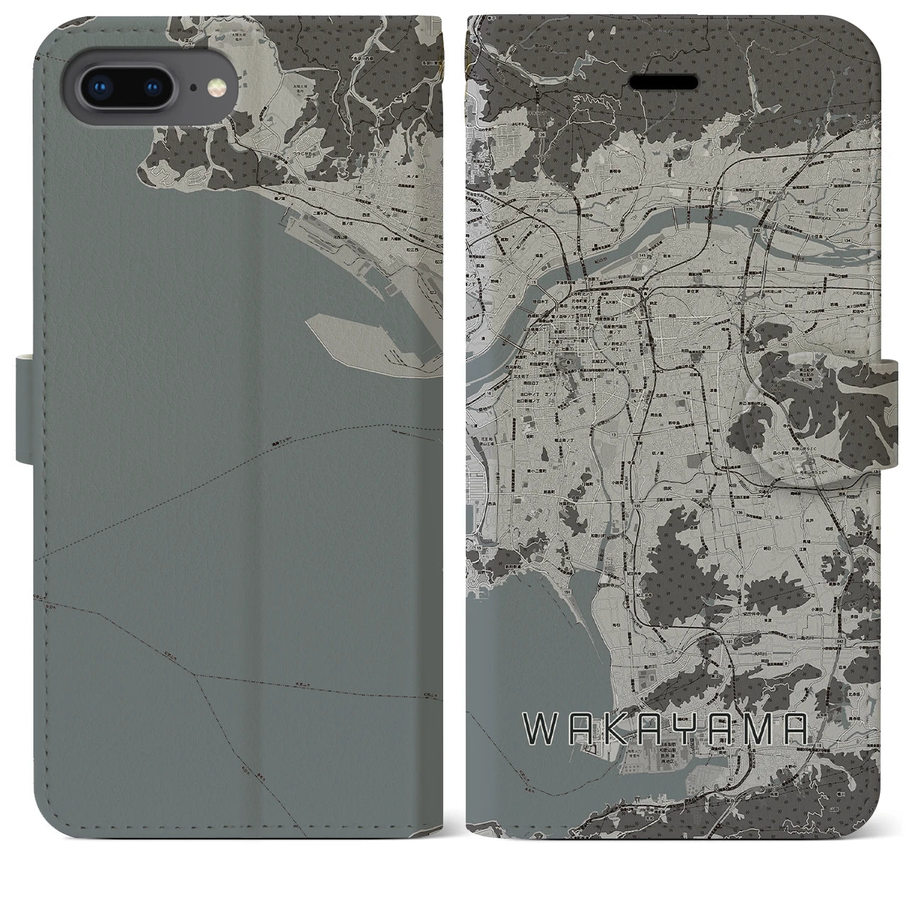 【和歌山(和歌山県)】地図柄iPhoneケース(手帳タイプ)モノトーン・iPhone 8Plus /7Plus / 6sPlus / 6Plus 用