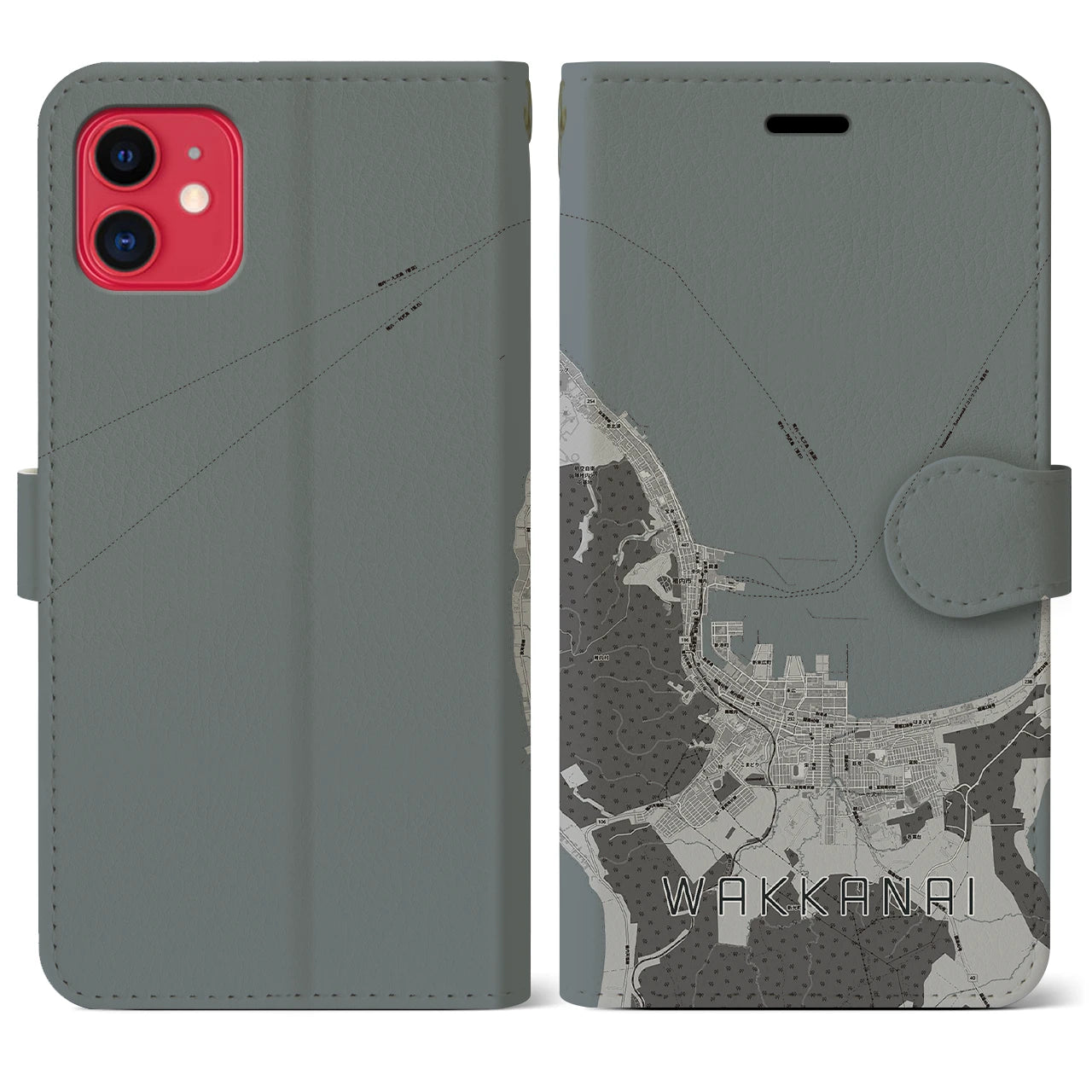 【稚内(北海道)】地図柄iPhoneケース(手帳タイプ)モノトーン・iPhone 11 用