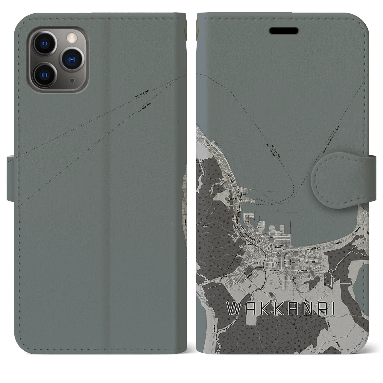 【稚内(北海道)】地図柄iPhoneケース(手帳タイプ)モノトーン・iPhone 11 Pro Max 用