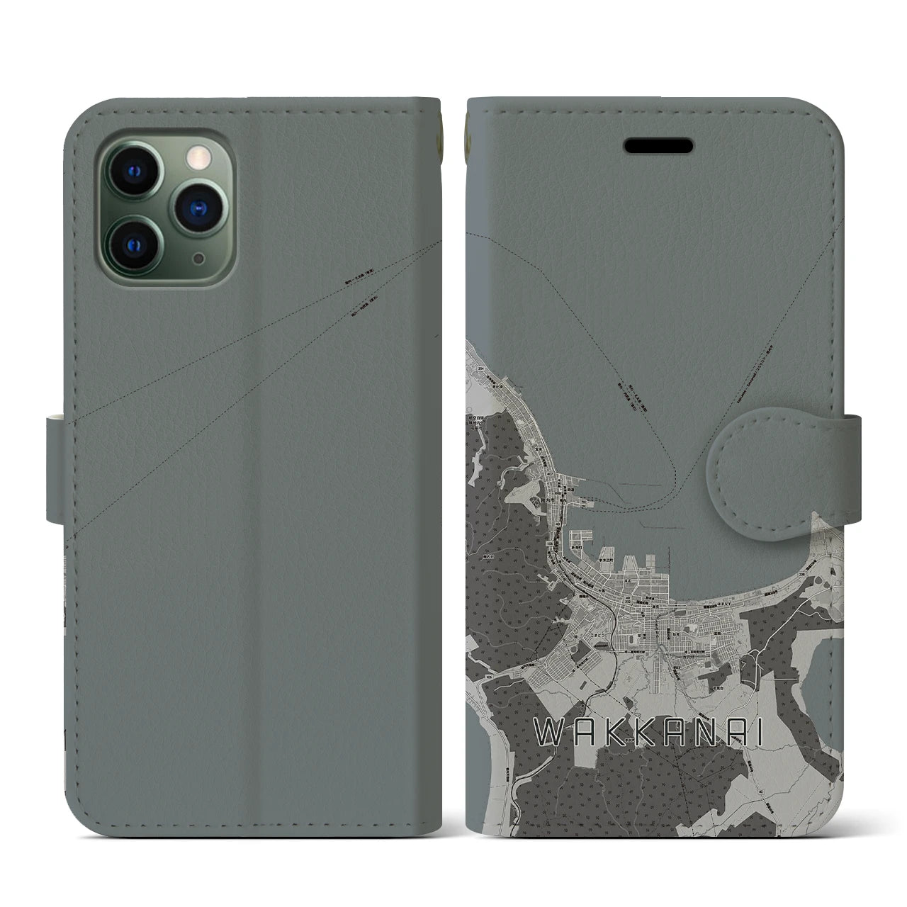 【稚内(北海道)】地図柄iPhoneケース(手帳タイプ)モノトーン・iPhone 11 Pro 用