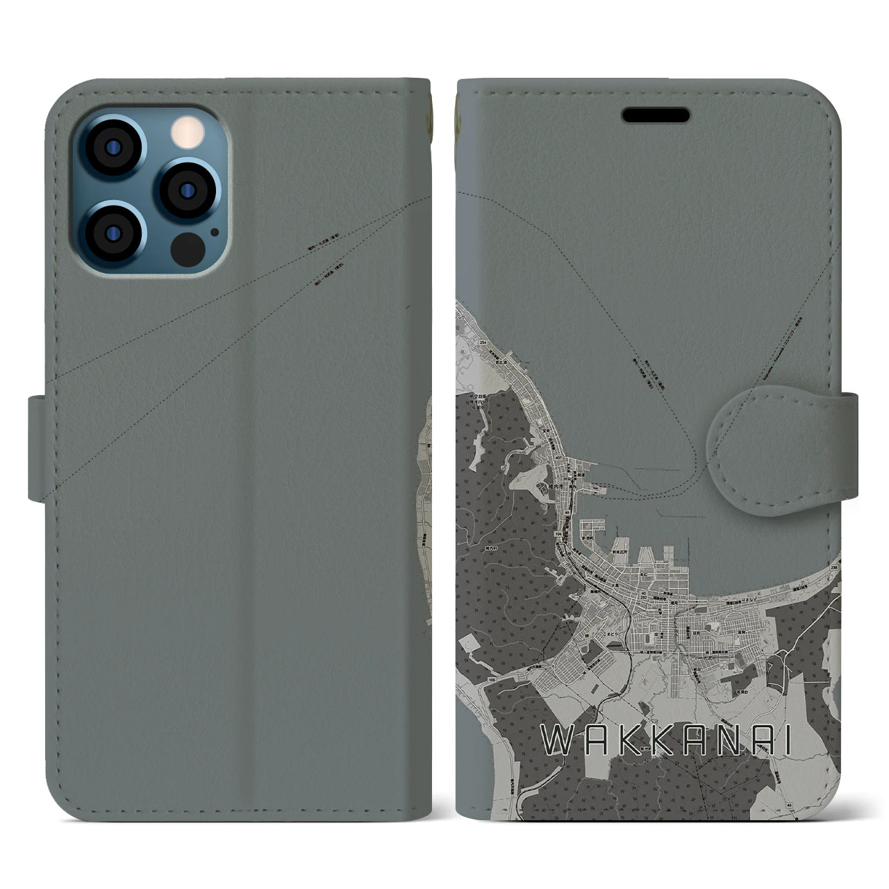【稚内(北海道)】地図柄iPhoneケース(手帳タイプ)モノトーン・iPhone 12 / 12 Pro 用