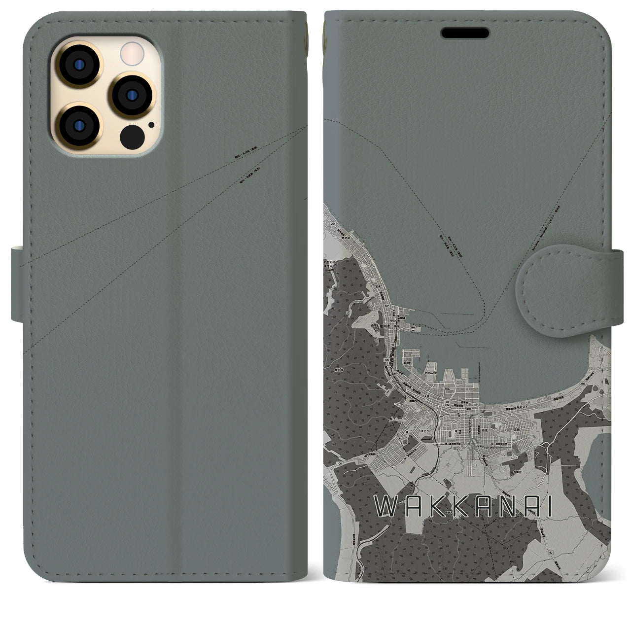 【稚内(北海道)】地図柄iPhoneケース(手帳タイプ)モノトーン・iPhone 12 Pro Max 用
