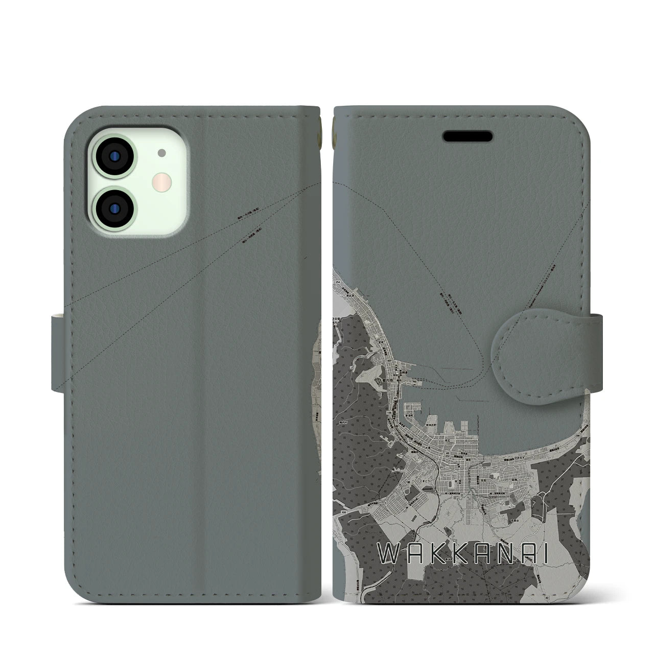 【稚内(北海道)】地図柄iPhoneケース(手帳タイプ)モノトーン・iPhone 12 mini 用