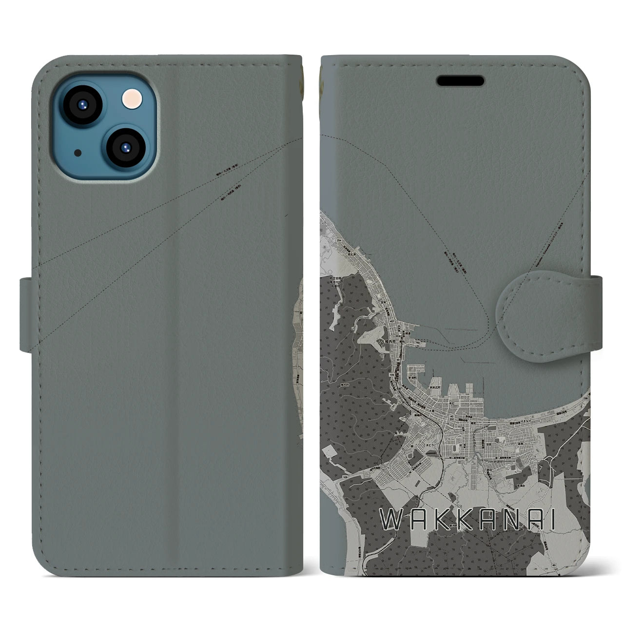 【稚内(北海道)】地図柄iPhoneケース(手帳タイプ)モノトーン・iPhone 13 用