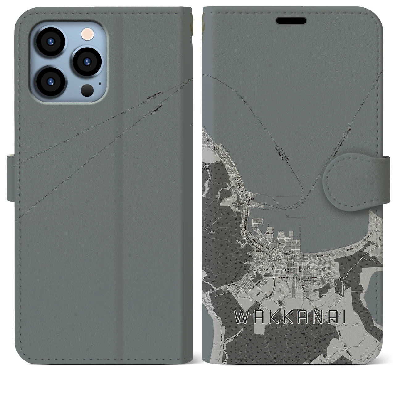 【稚内(北海道)】地図柄iPhoneケース(手帳タイプ)モノトーン・iPhone 13 Pro Max 用