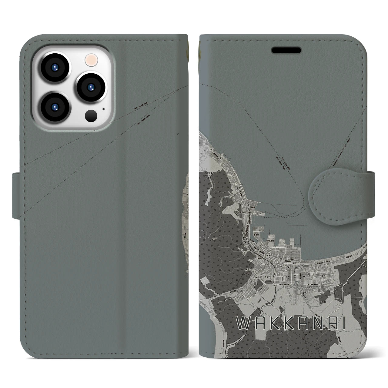 【稚内(北海道)】地図柄iPhoneケース(手帳タイプ)モノトーン・iPhone 13 Pro 用