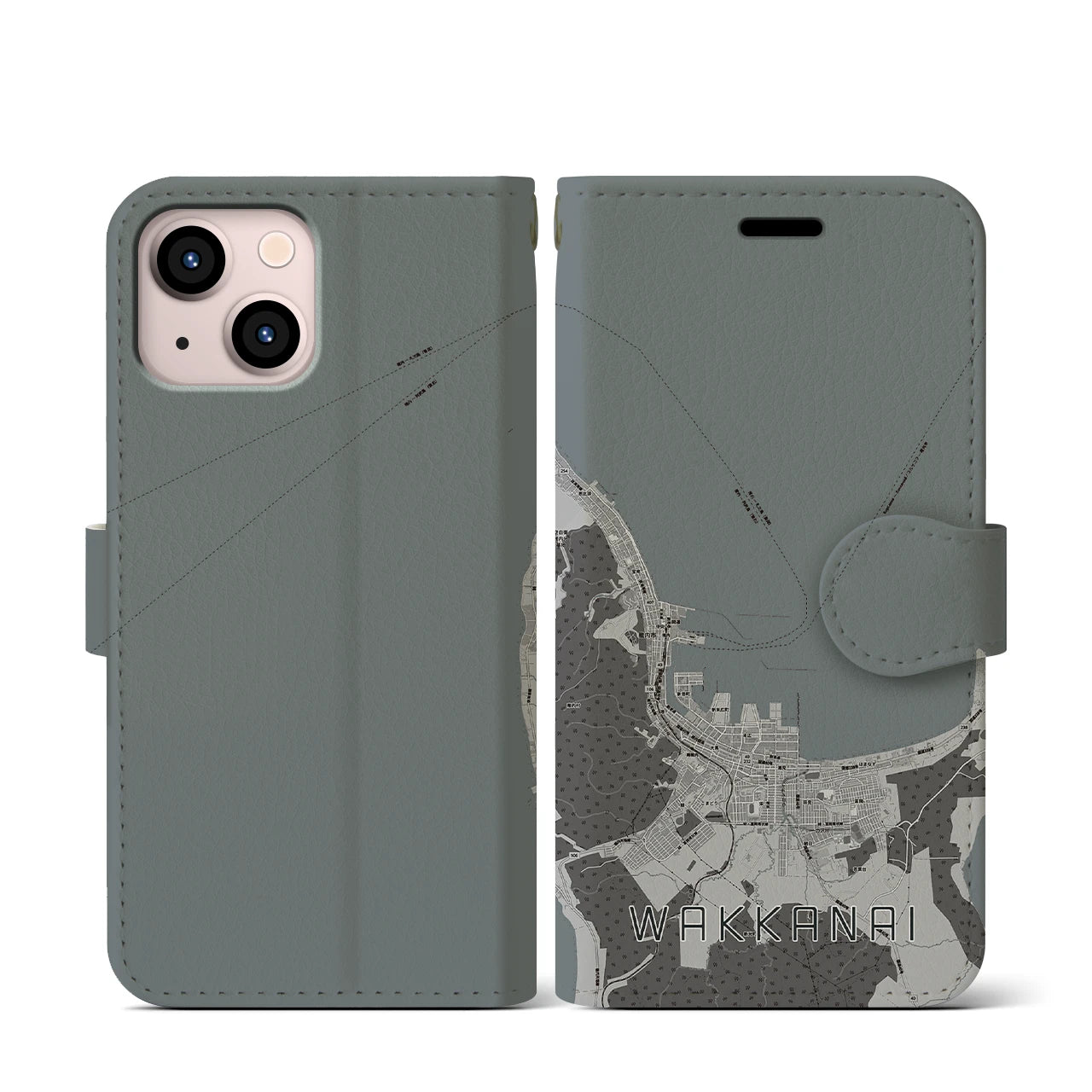 【稚内(北海道)】地図柄iPhoneケース(手帳タイプ)モノトーン・iPhone 13 mini 用