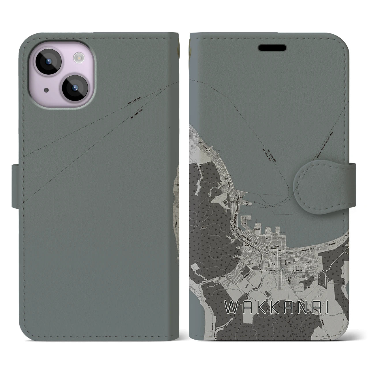 【稚内(北海道)】地図柄iPhoneケース(手帳タイプ)モノトーン・iPhone 14 用