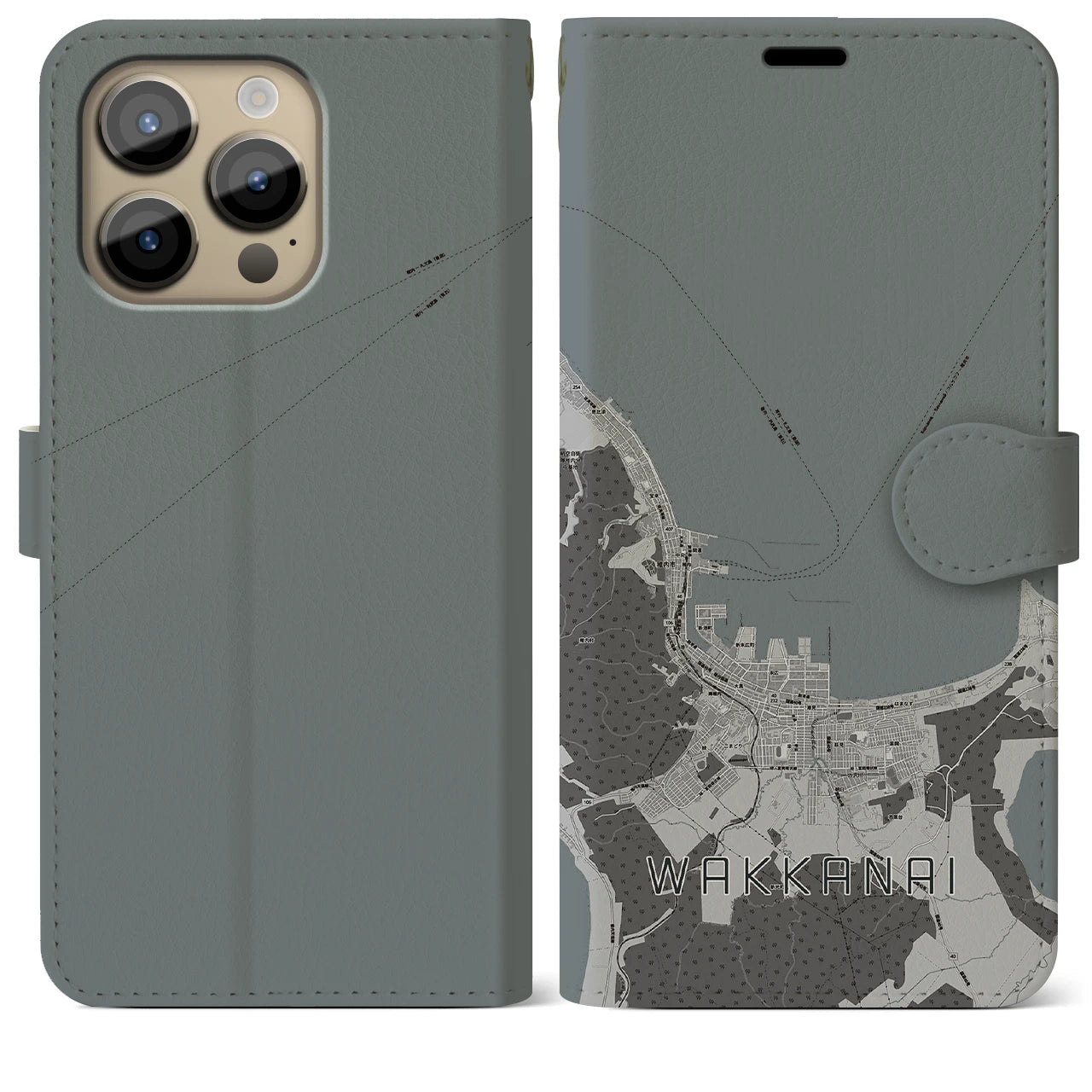 【稚内(北海道)】地図柄iPhoneケース(手帳タイプ)モノトーン・iPhone 14 Pro Max 用