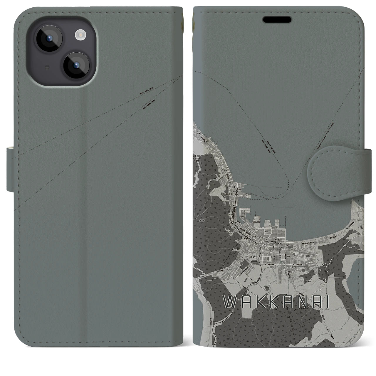 【稚内(北海道)】地図柄iPhoneケース(手帳タイプ)モノトーン・iPhone 14 Plus 用
