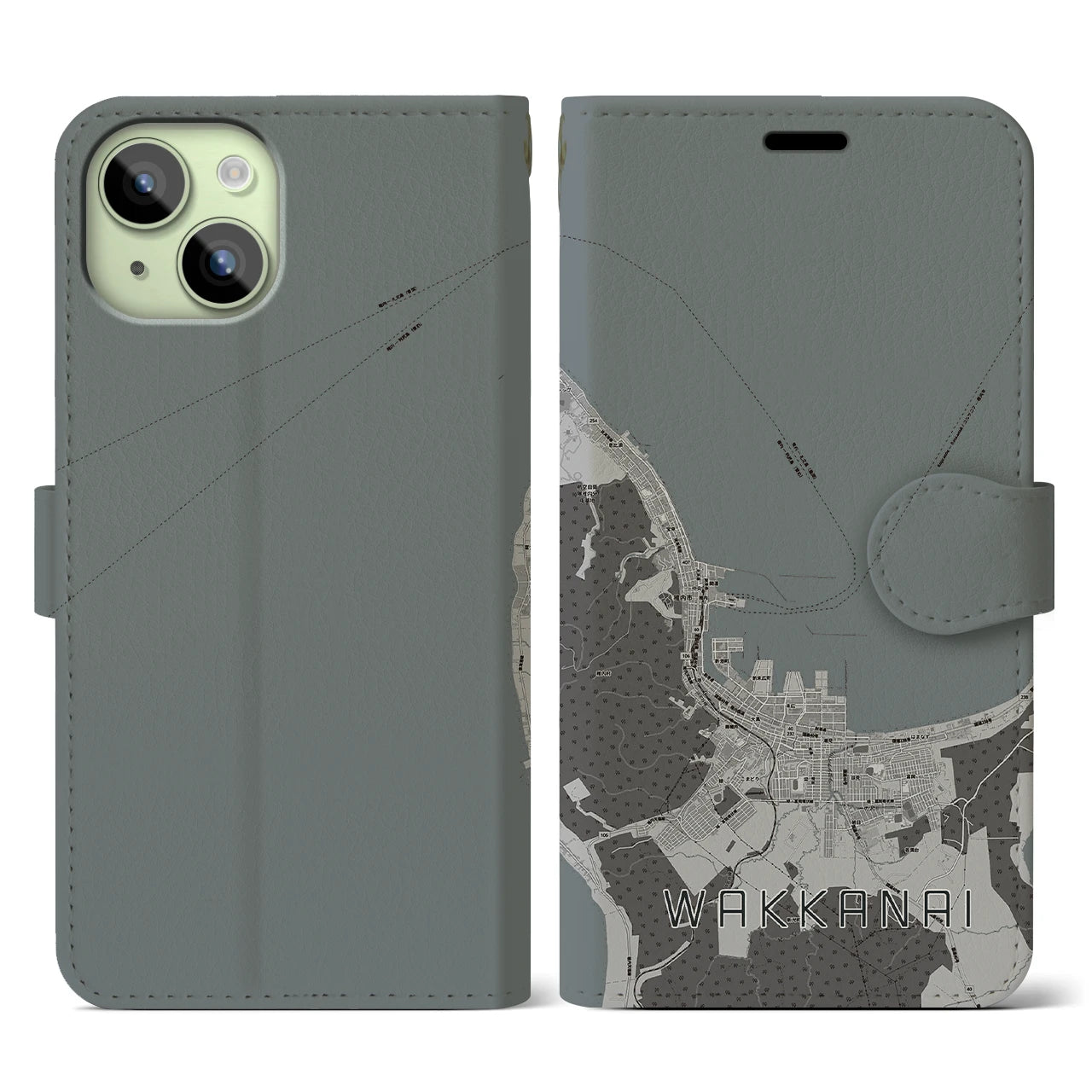 【稚内(北海道)】地図柄iPhoneケース(手帳タイプ)モノトーン・iPhone 15 用