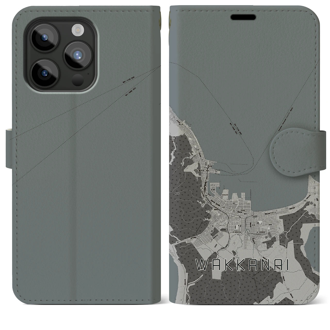 【稚内(北海道)】地図柄iPhoneケース(手帳タイプ)モノトーン・iPhone 15 Pro Max 用