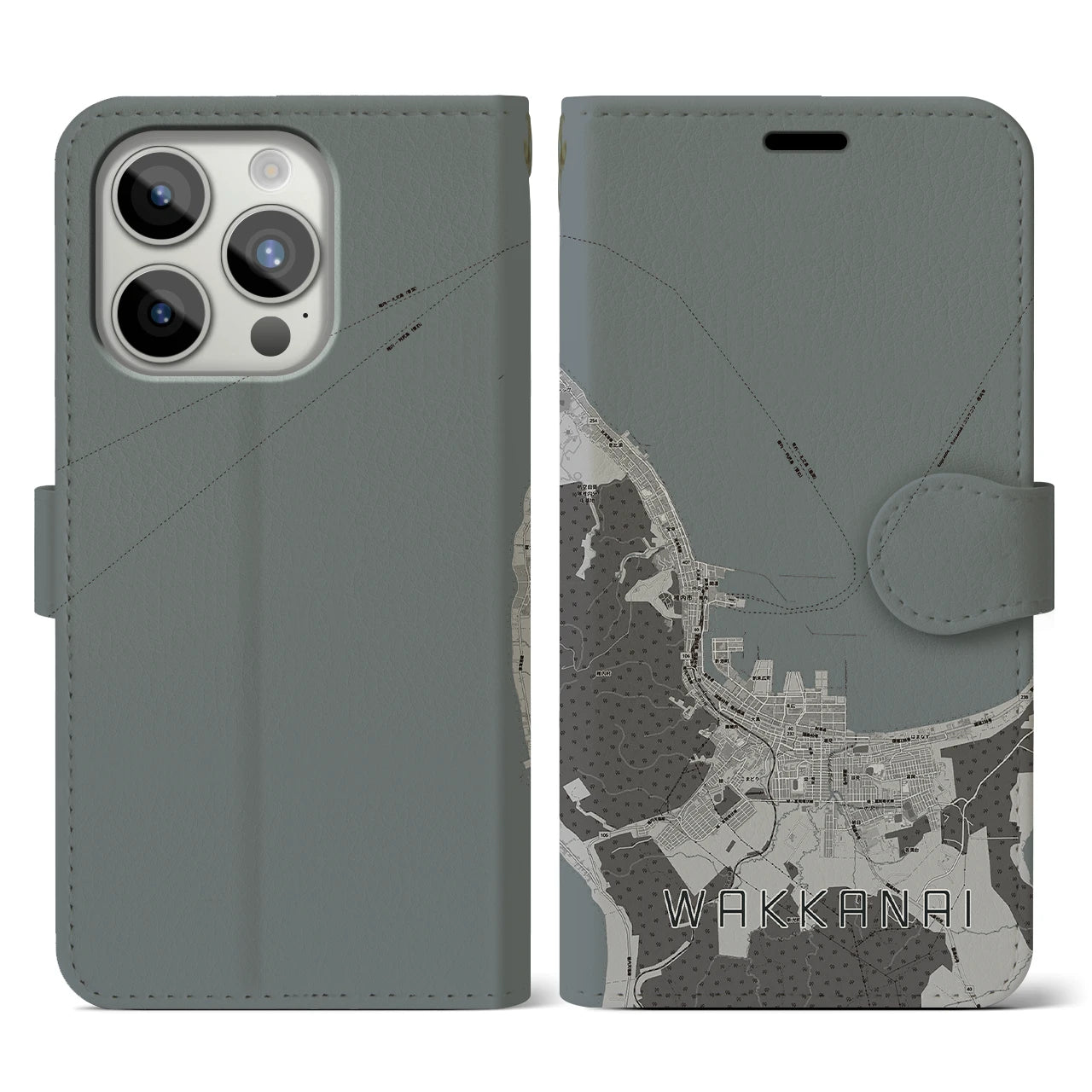 【稚内(北海道)】地図柄iPhoneケース(手帳タイプ)モノトーン・iPhone 15 Pro 用