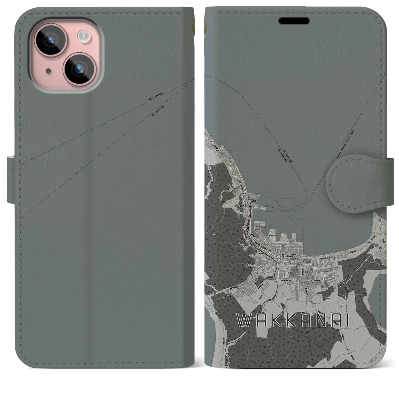 【稚内(北海道)】地図柄iPhoneケース(手帳タイプ)モノトーン・iPhone 15 Plus 用