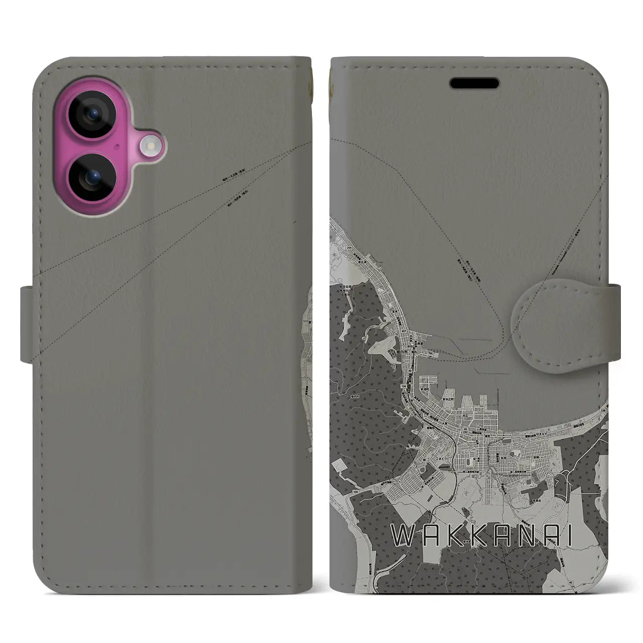【稚内(北海道)】地図柄iPhoneケース(手帳タイプ)モノトーン・iPhone 16 Pro 用