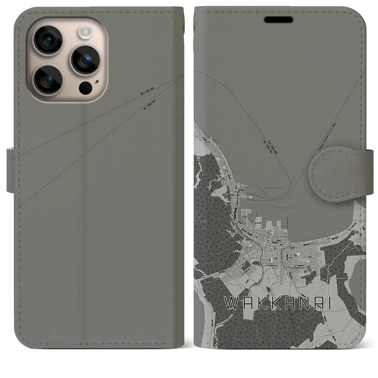 【稚内(北海道)】地図柄iPhoneケース(手帳タイプ)モノトーン・iPhone 16 Plus 用