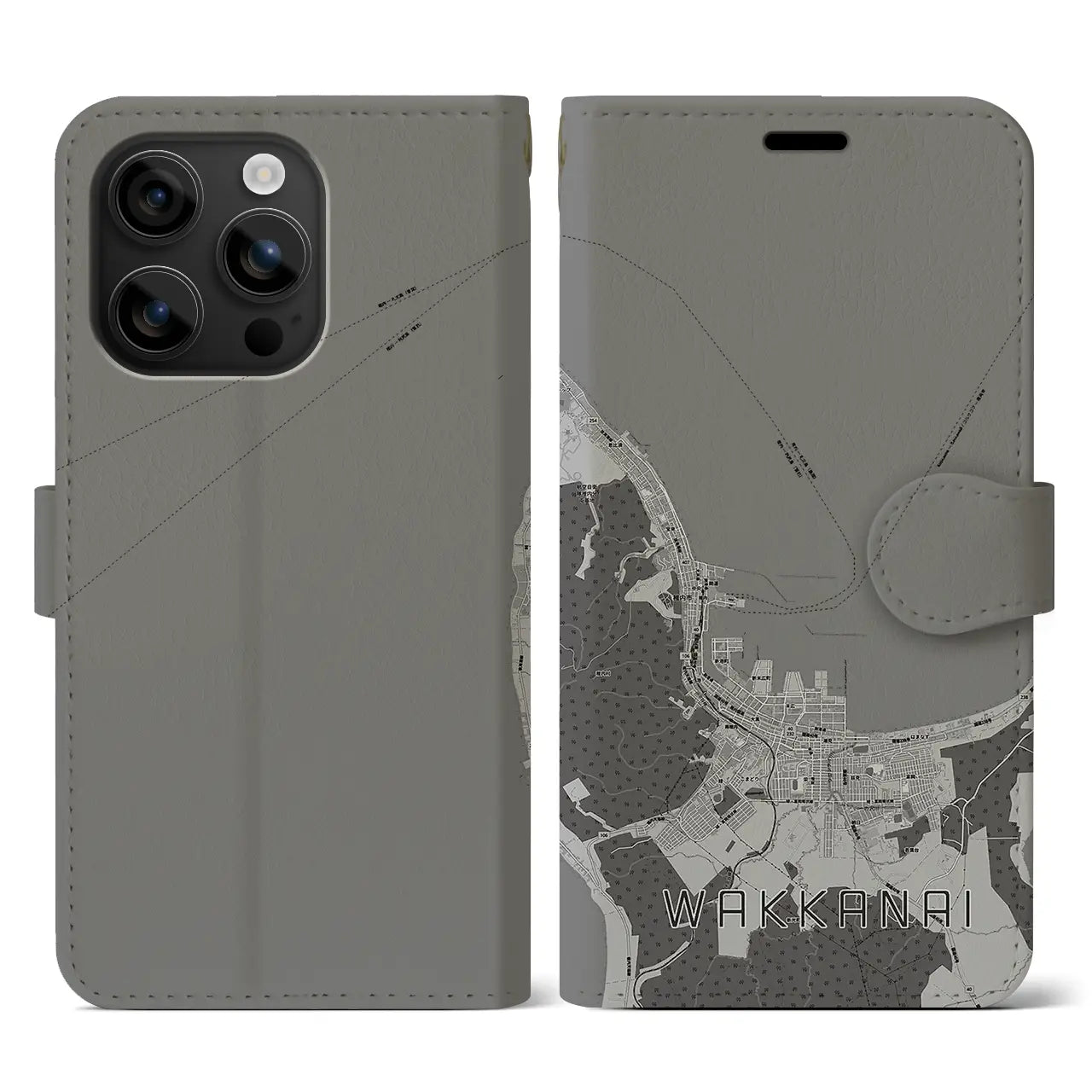 【稚内(北海道)】地図柄iPhoneケース(手帳タイプ)モノトーン・iPhone 16 用