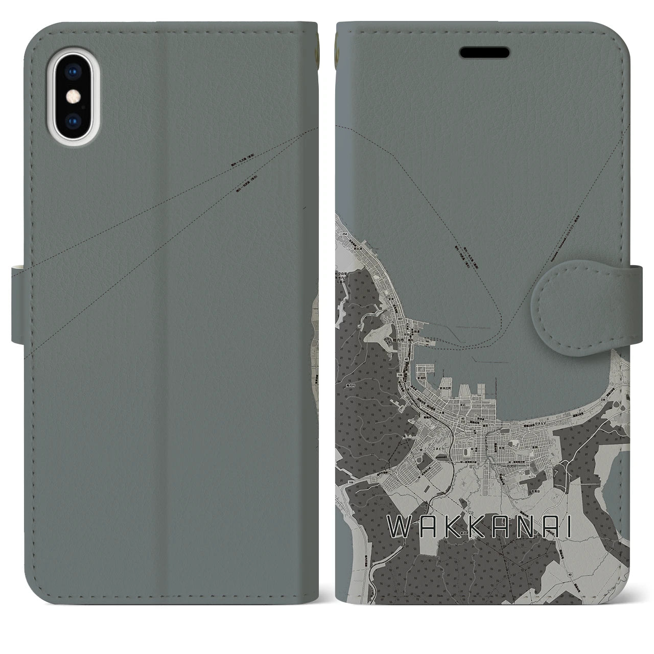 【稚内(北海道)】地図柄iPhoneケース(手帳タイプ)モノトーン・iPhone XS Max 用