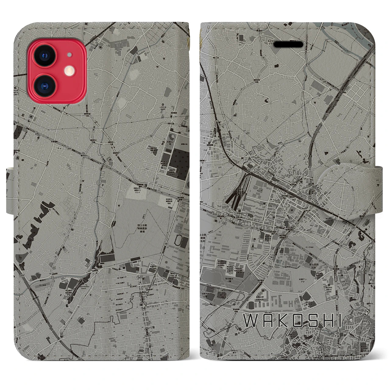 【和光市(埼玉県)】地図柄iPhoneケース(手帳タイプ)モノトーン・iPhone 11 用