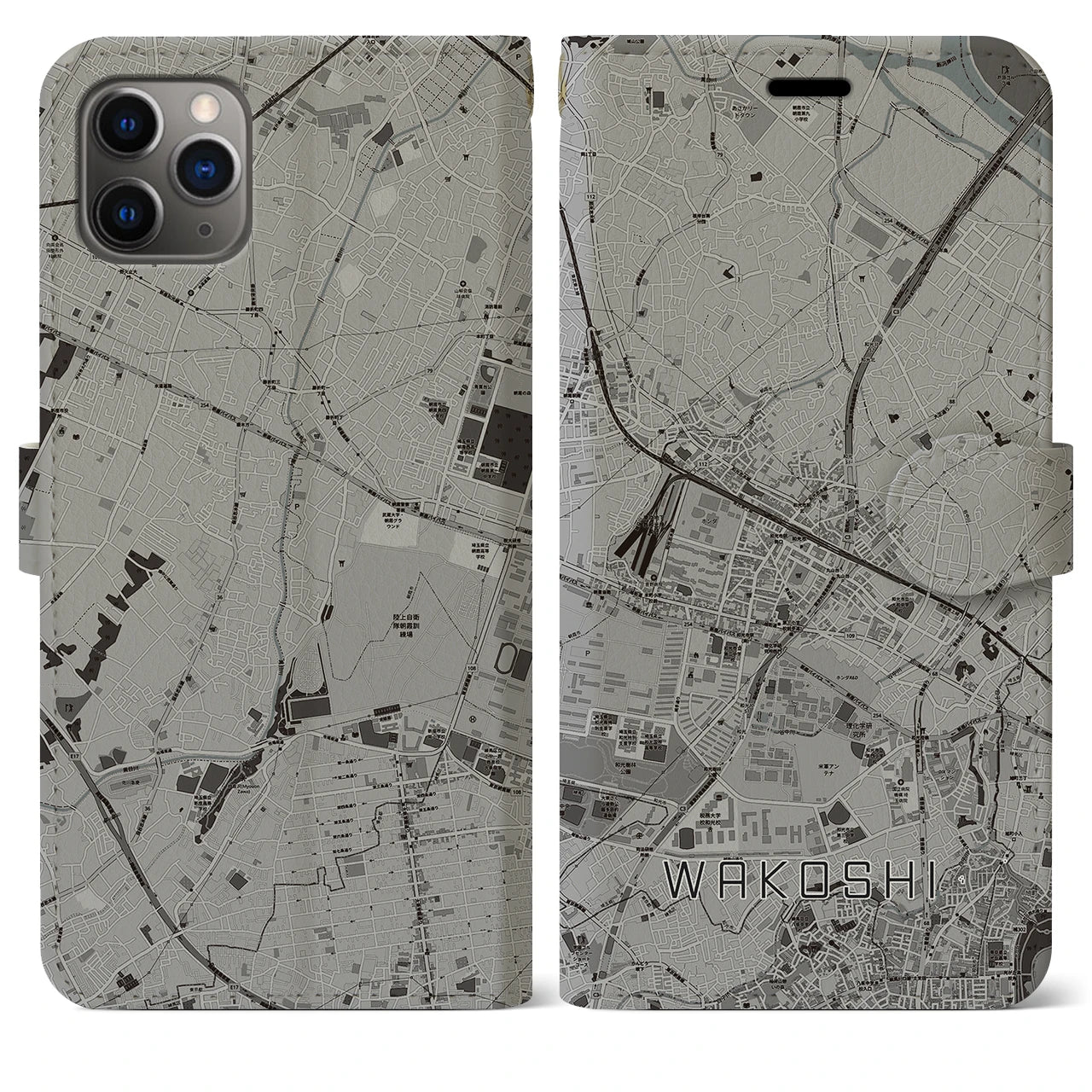 【和光市(埼玉県)】地図柄iPhoneケース(手帳タイプ)モノトーン・iPhone 11 Pro Max 用