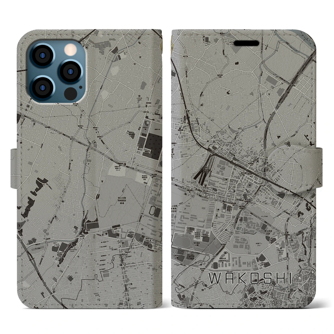【和光市(埼玉県)】地図柄iPhoneケース(手帳タイプ)モノトーン・iPhone 12 / 12 Pro 用