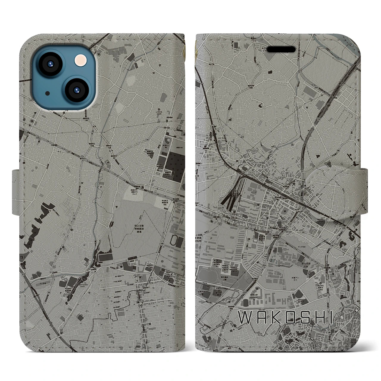 【和光市(埼玉県)】地図柄iPhoneケース(手帳タイプ)モノトーン・iPhone 13 用
