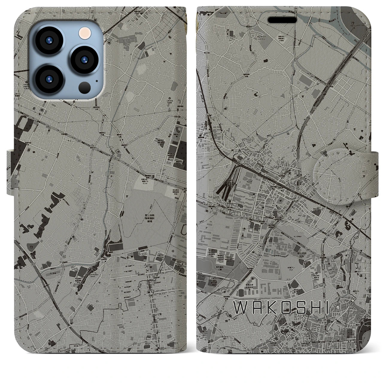 【和光市(埼玉県)】地図柄iPhoneケース(手帳タイプ)モノトーン・iPhone 13 Pro Max 用