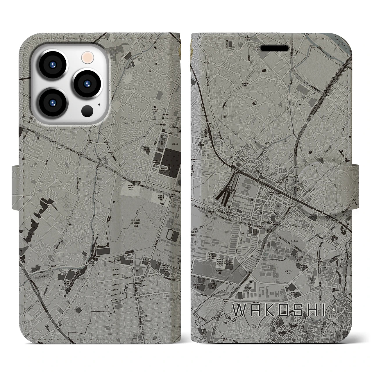 【和光市(埼玉県)】地図柄iPhoneケース(手帳タイプ)モノトーン・iPhone 13 Pro 用