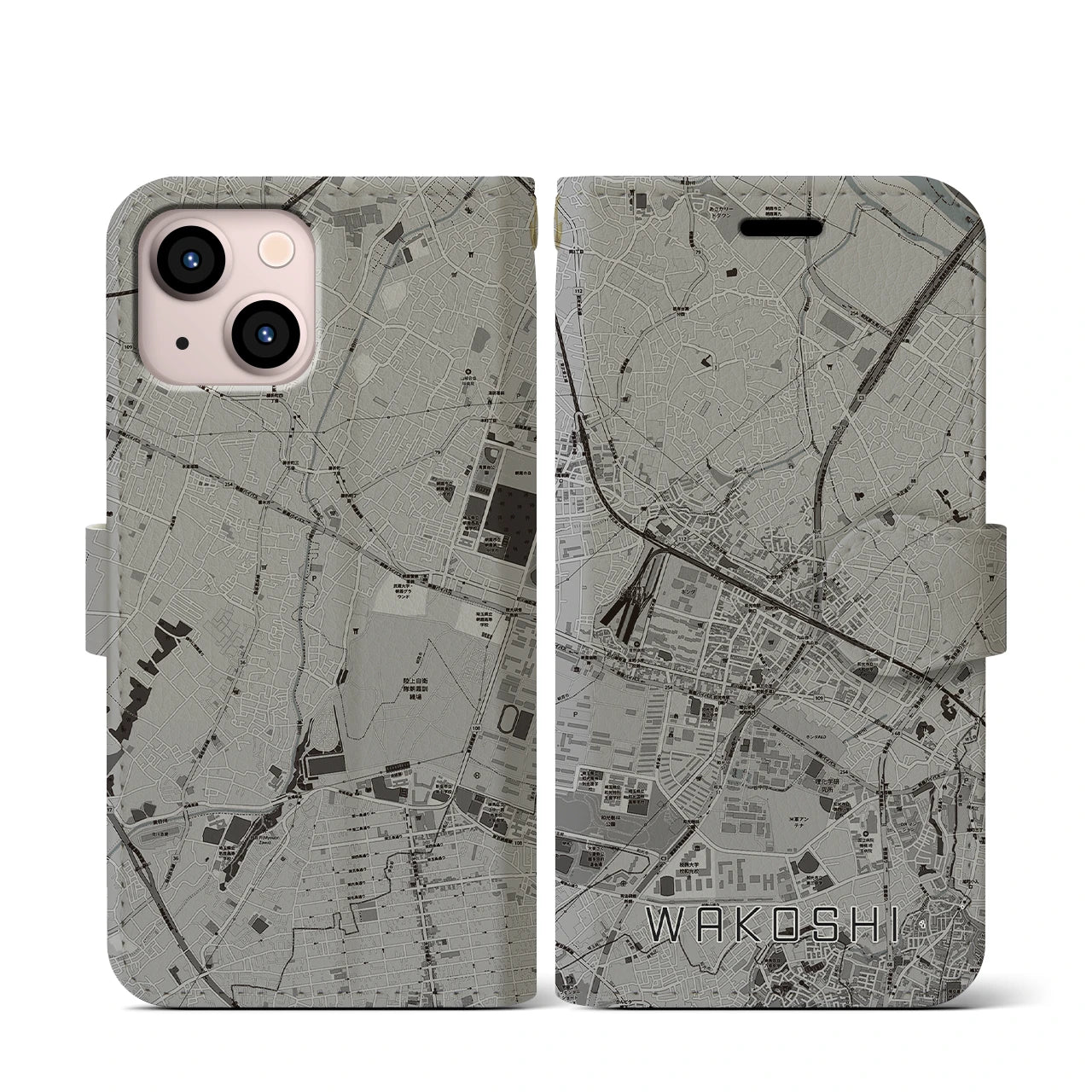 【和光市(埼玉県)】地図柄iPhoneケース(手帳タイプ)モノトーン・iPhone 13 mini 用